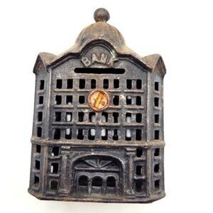 Antique 1880s 1900s Gilded Age Victorian Cast Iron Coin Bank Collector Estate NY